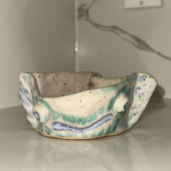 Handcrafted Ceramic Art Bowl - Green and Cream Sea Creature Catch-all Dish - Picture 2 of 7